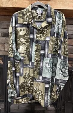 Men’s TRUST Anime AOP Green/Black Graphic Long Sleeve Button Up Shirt Sz XL *C8